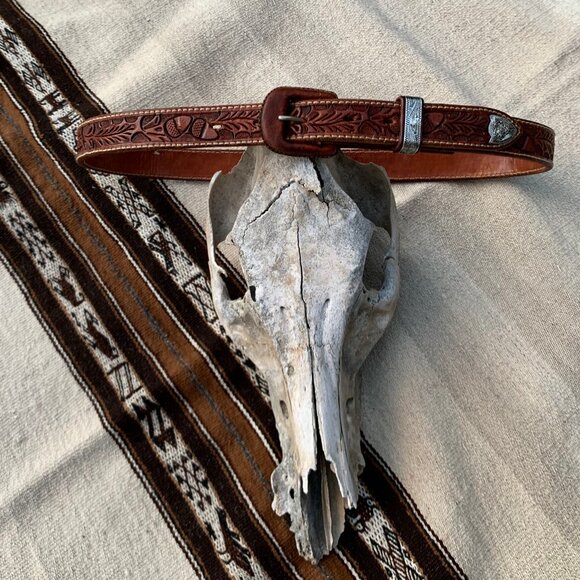 Vogt western hand tooled sterling silver acorn leaf embossed leather belt - Picture 2 of 13